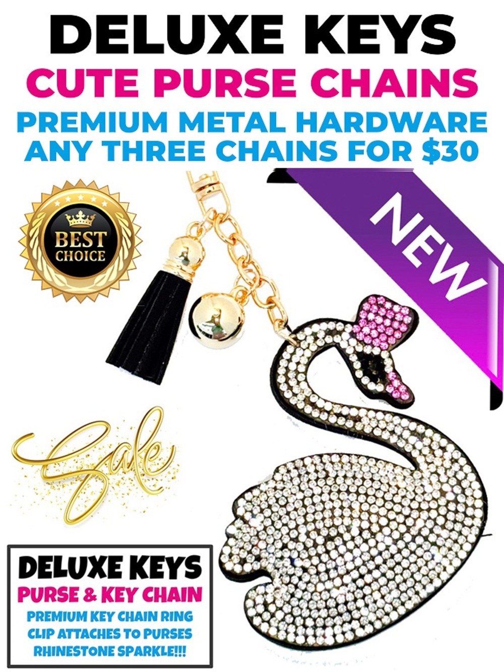 DeLuxe Keys Rhinestone Keychain/Purse Chain CRYSTAL SWAN